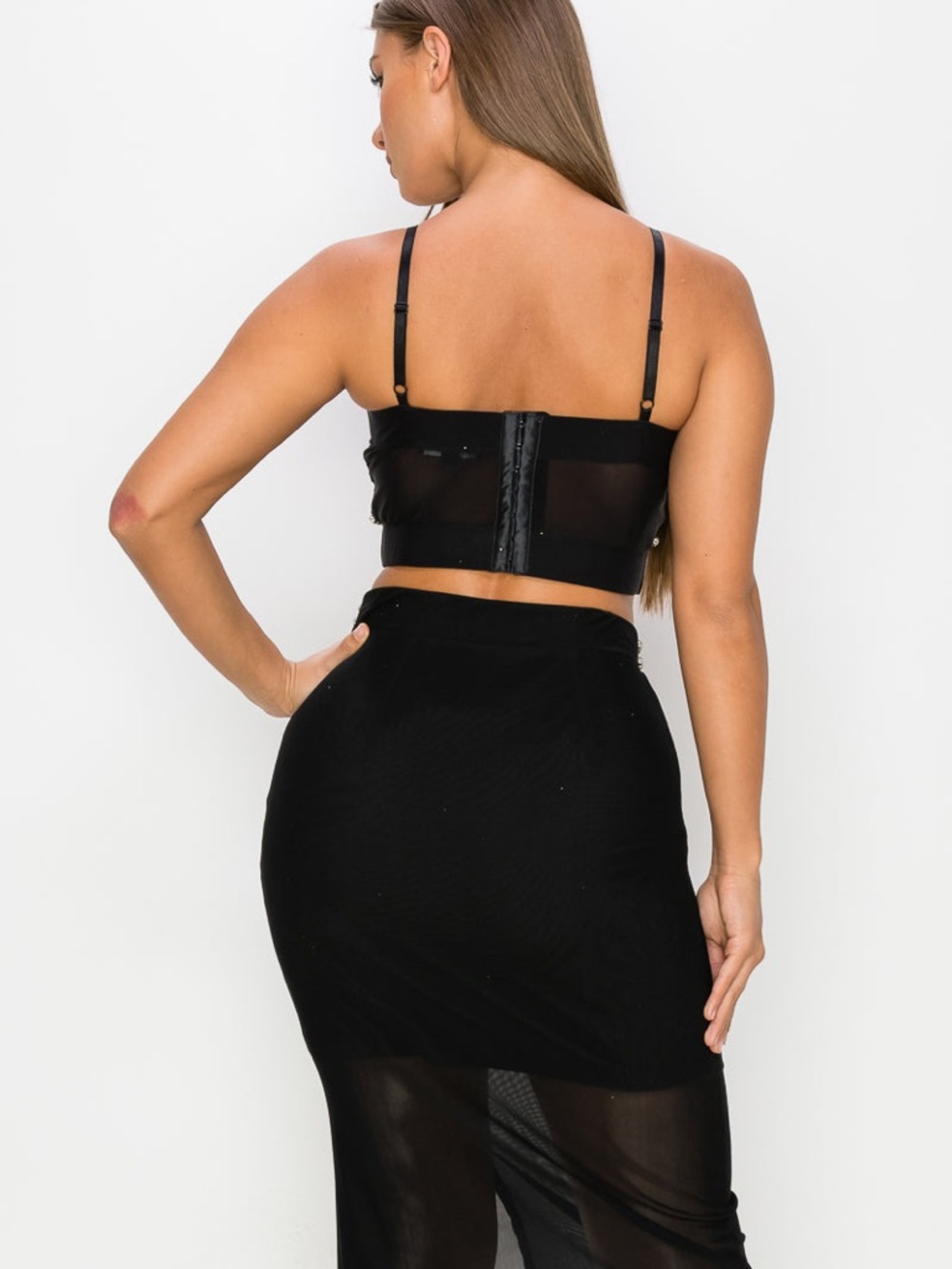 Black Crystal-Embellished Crop Top & High-Slit Skirt Set - Picture 3 of 8